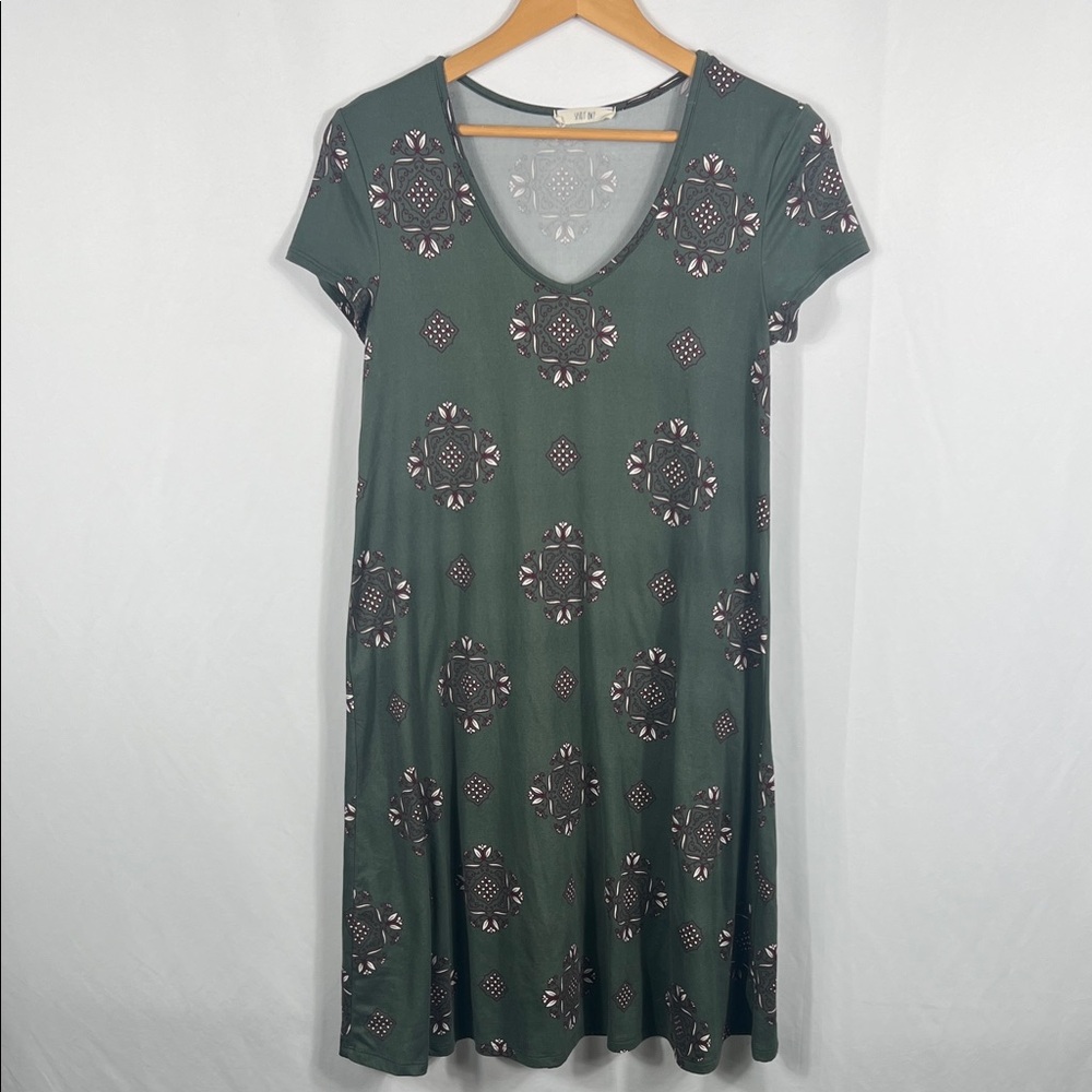 Spirit Hwy Women’s Green Geometric Print Dress Small Short Sleeve Stretchy